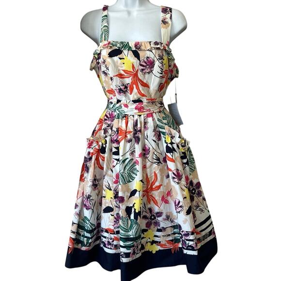 Vince Camino Floral SunDress Sz 4 Vintage Style Full Skirt Pockets Strap Dress - Picture 2 of 11